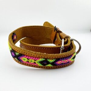 Genuine Leather Dog Collar‎ Woven Aztec Pattern Adjustable Metal Buckle D Ring